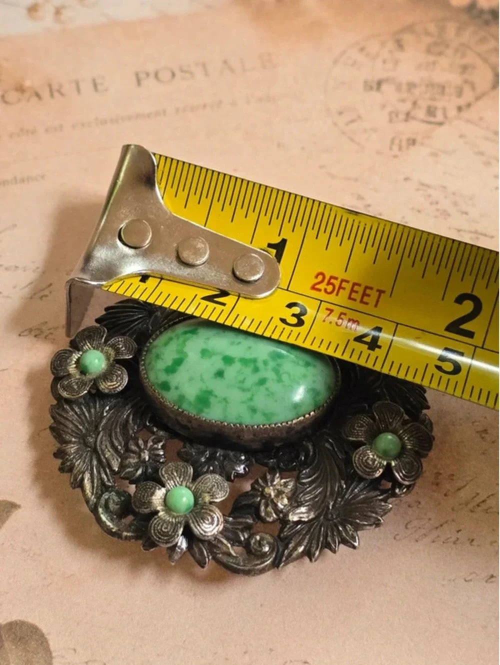 Art Nouveau Silver Tone Green Cabochon Floral Brooch Ornate Openwork